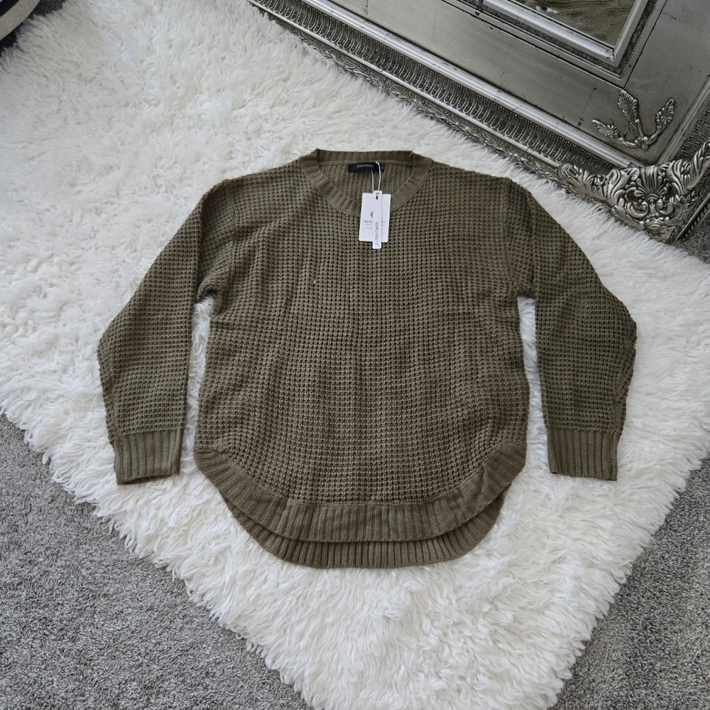 Olive Green Waffle Knit Crewneck Sweater - Women